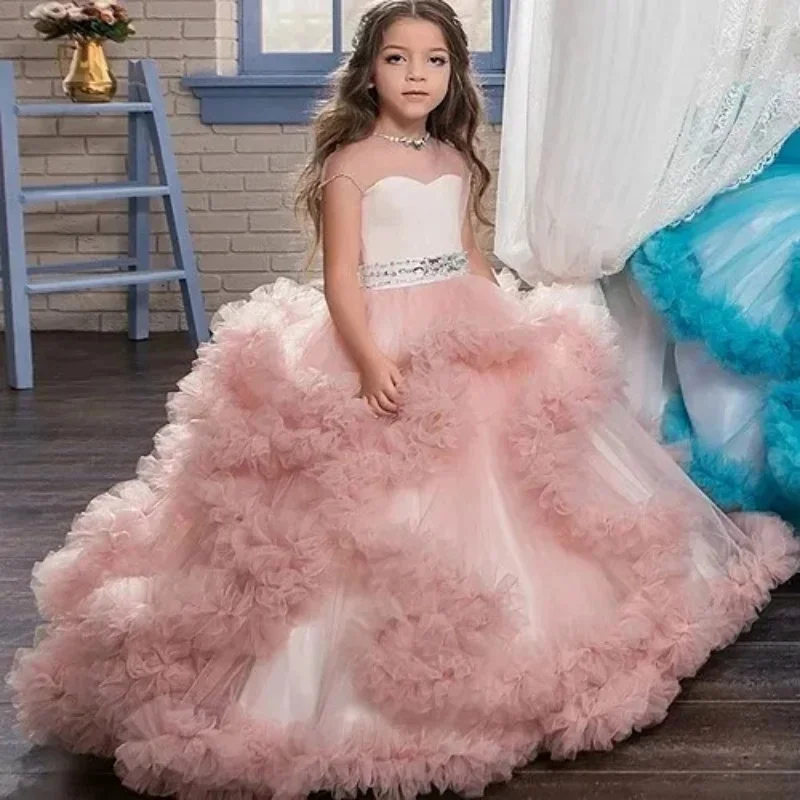 

Customized Pink Flower Girl Dress For Wedding Appliques Tulle Short Sleeve Floor Length Kids Birthday First Communion Gown