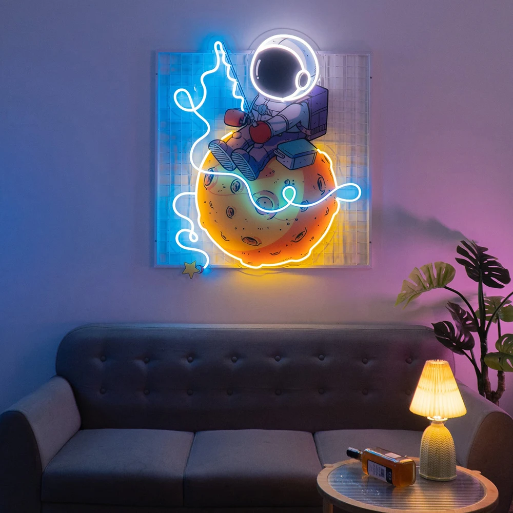 Astronaut Fishing Led Neon Acrylic Artwork Living Room Bedroom Home Decor Custom Neon Sign Office Bar Decor Spaceman Neon Light