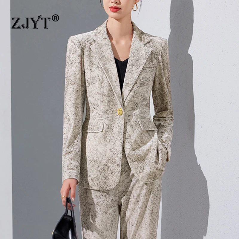 ZJYT Women\'s Two Piece Set Blazer Pants Suit Elegant Office Lady Outfit Plus Size One Button Velvet Jacket Trousers Matching Set