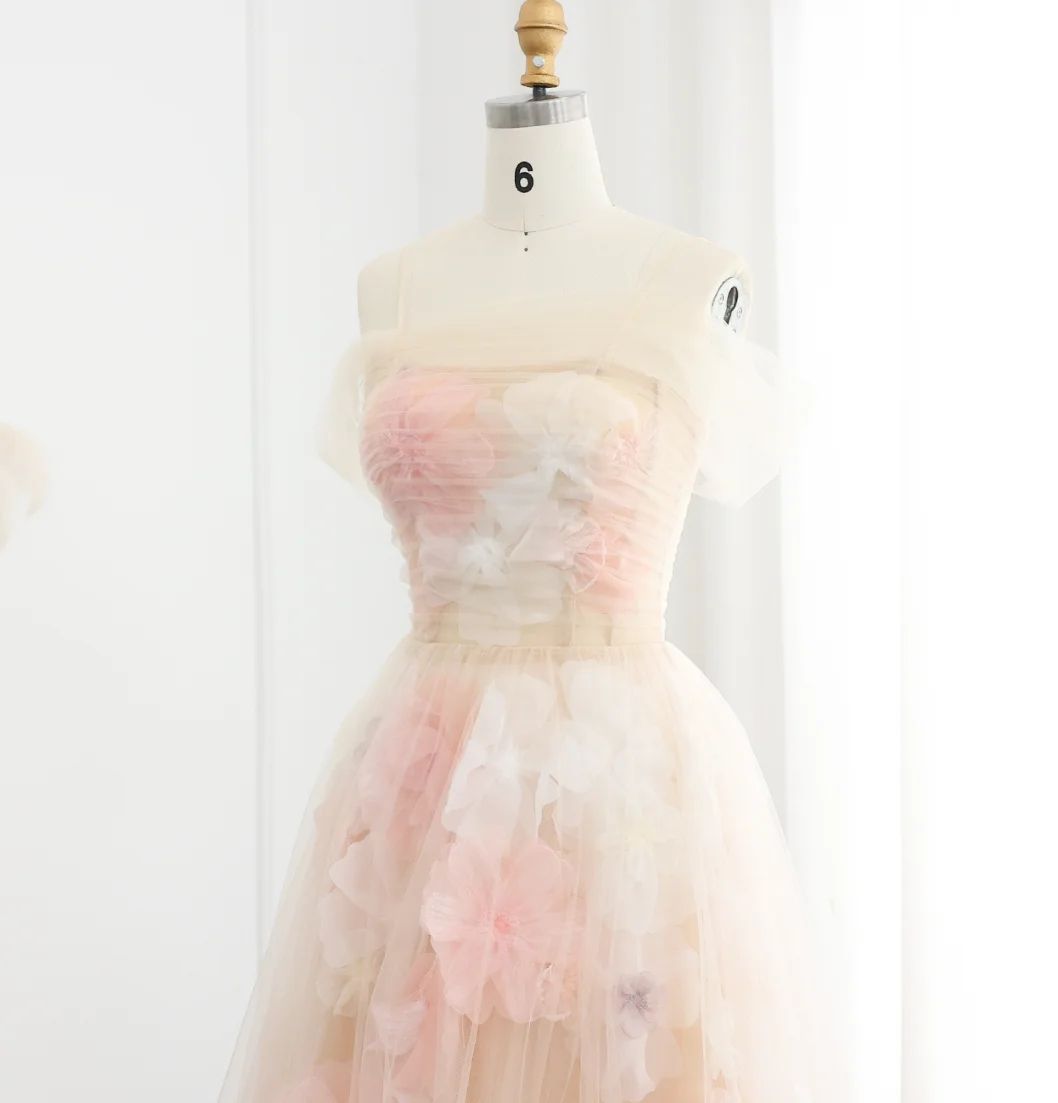 Romantisches schulterfreies Abendkleid, rosa Ballkleider, Schnürung am Rücken, bodenlanges Partykleid mit Perlen und 3D-Blumenmuster