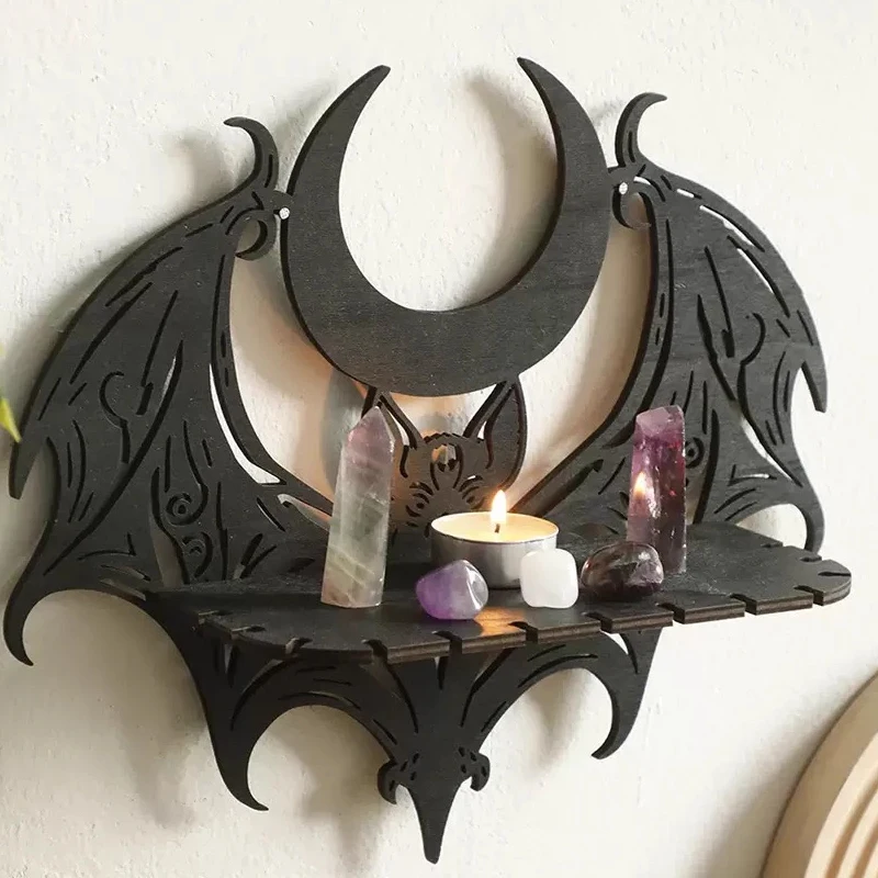 Black Halloween Wooden Wall Shelf Gothic Bat Moon Hollow Pattern Floating Shelf Crystal Holder Goth Home Decor Witch Room Decor