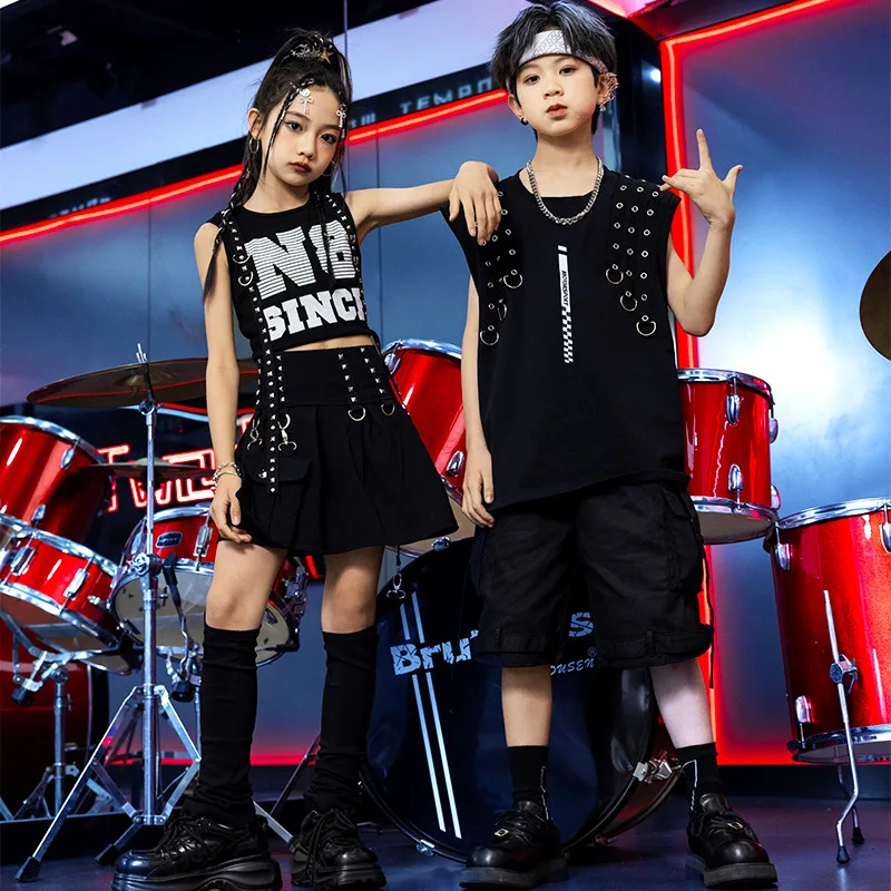 Kid Punk Hip Hop Clothing Black Strap Crop Tank Top Chain Skirt Leg Warmer Cargo Shorts for Girl Boy Jazz Dance Costumes Clothes