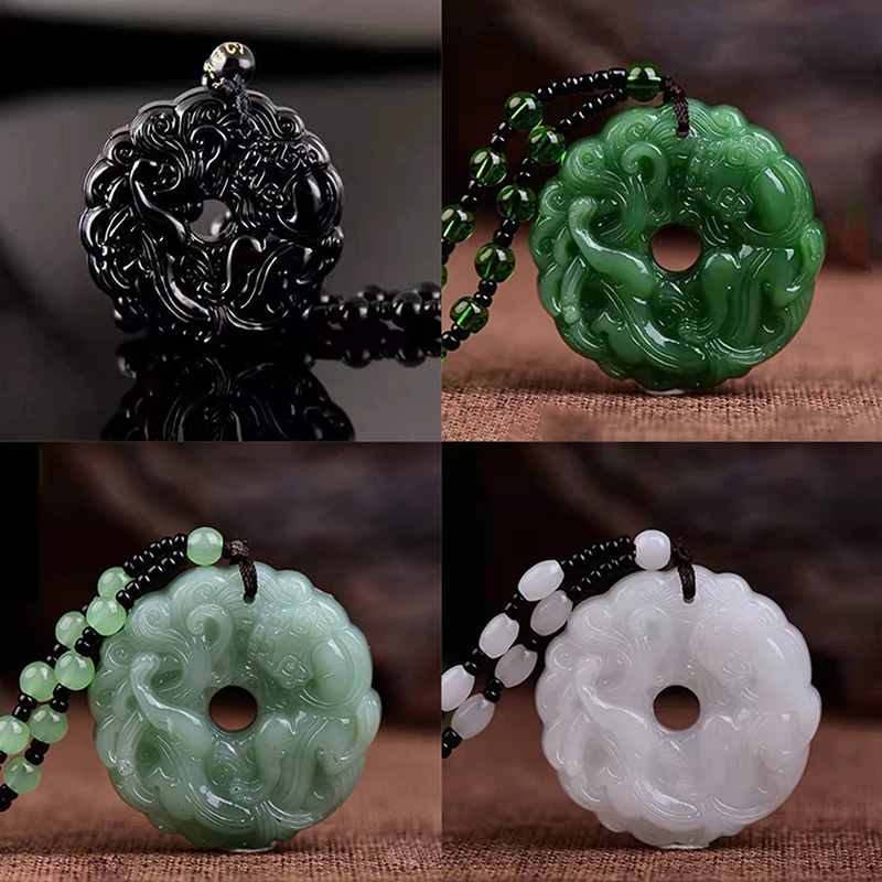 Collar con colgante de jade verde tallado a mano con diseño de dragón, amuleto chino multicolor, regalo de joyería de la suerte para mujeres y hombres