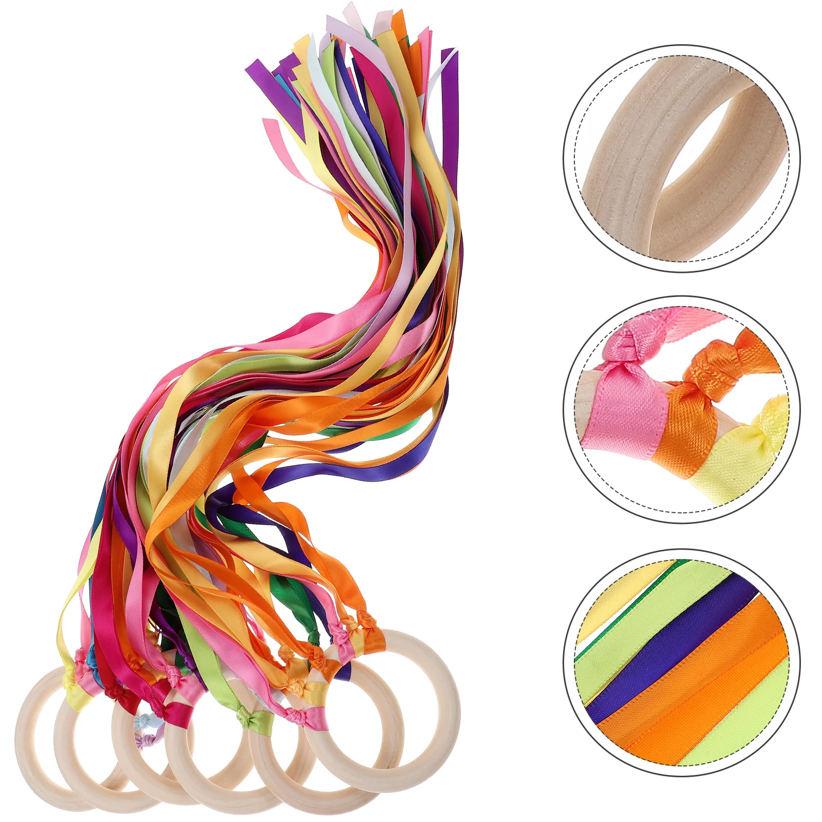 

6 Pcs Shuttle Wood Circle Ribbon Toys Rainbow Hand Kites Educational Sensory Manual Children's Dancing Streamers Kids