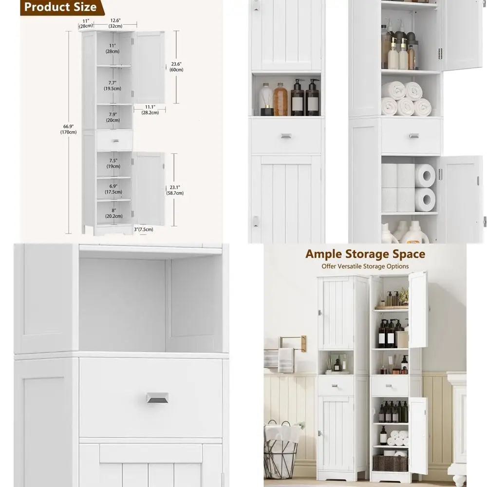 

67 Высокий узкий шкаф для хранения вещей с 2 дверцами, регулируемыми полками, ящиком, защитой от опрокидывания, 11,8x12,6x66,9 для домашнего использования