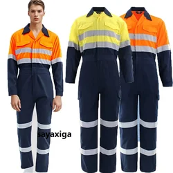 100% cotton working overalls hi vis safety Work clothing reflective stripes factory workshop mechanics coveralls coal miner Suit