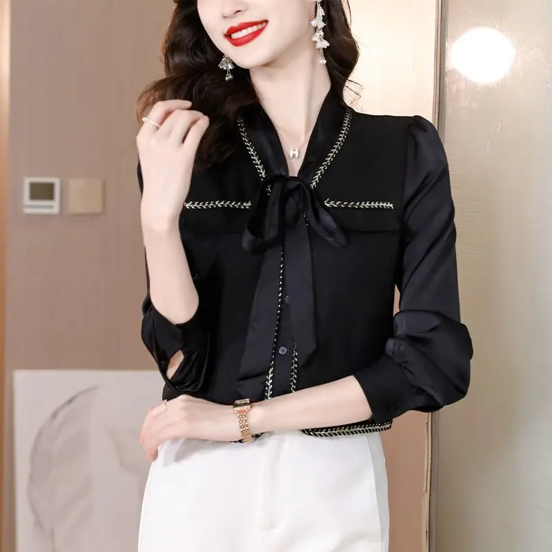 Commute V-Neck Fashion Bow Shirt Female Clothing Single-breasted Spring Autumn Patchwork Long Sleeve Korean Solid Color Blouse