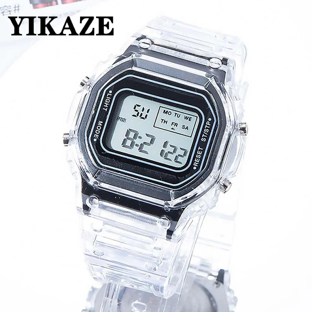 YIKAZE LED Digital Watches for Boys and Girls Transparent Strap Student Electronic Watch Waterproof Alarm Clock Kids Sport Watch