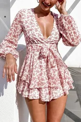 Summer Women Long-sleeved Floral Printed Ruffled Sexy V-neck Jumpsuit 2024 Beach Holiday Women Bodysuits Streetwear New Arrived