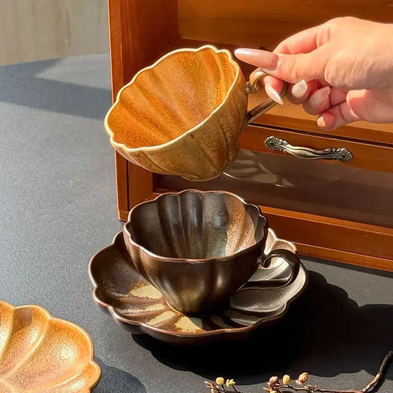 Vintage Handmade Kiln Turned Glaze Retro Water CupFlower Shaped Coffee Cup and Sauce Set Exquisite Luxury Milk Cup and Plate Set
