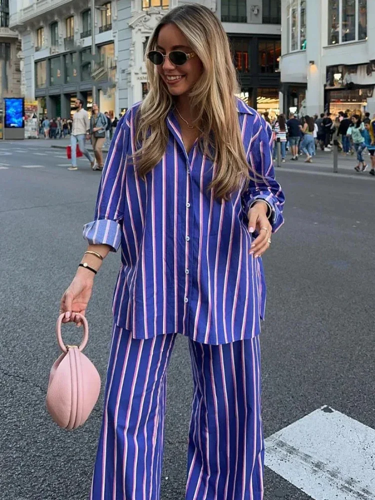 Women\'s Loose Striped Shirt Pant Set Lapel Long Sleeves Single Breasted Blouse High Waist Striped Straight Leg Pant New Chic Set