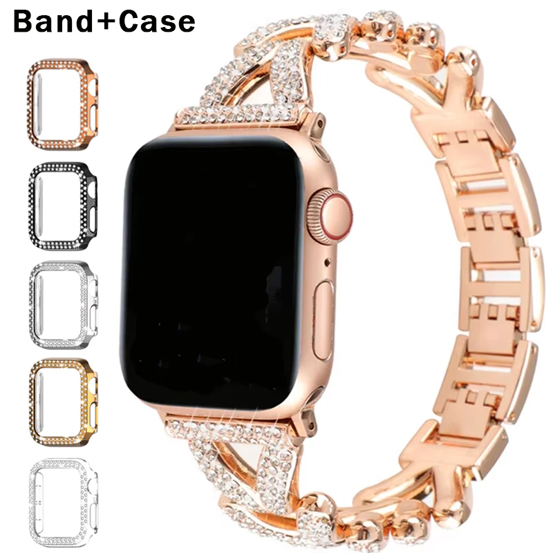 

Bling Strap+Case for Apple Watch ultra 49mm 40 44mm 41mm 45mm Women Jewelry Diamond Link Bracelet iWatch Series 4 5 6 7 8 9 SE