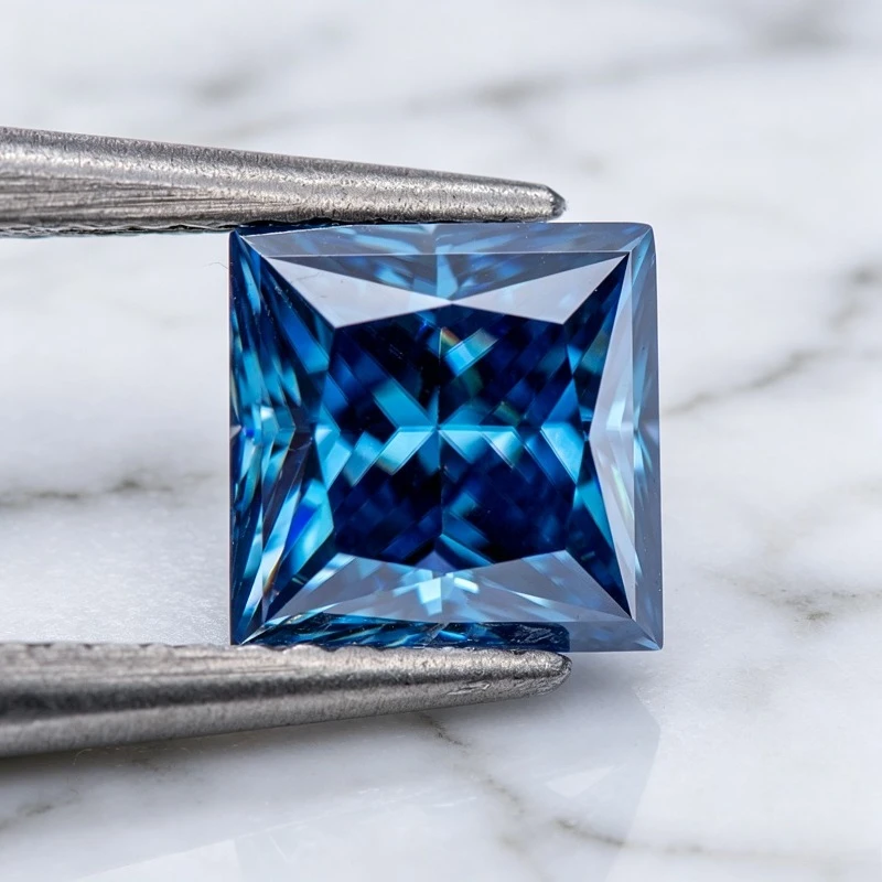 Moissanit-Stein im Princess-Schliff, saphirblau, im Labor gezüchteter Edelstein für DIY-Schmuckherstellung, besteht den Diamanttest mit Zertifikat. – Detail 5