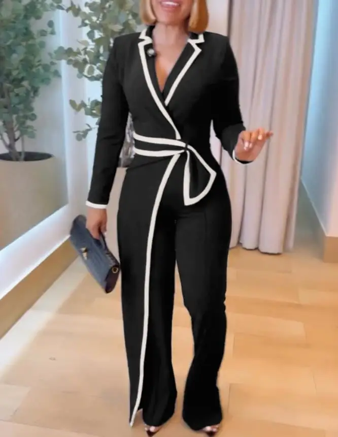 Women's Elegant Notched Collar Long Sleeve Button Front Jumpsuit Female Casual Cinched Waist Wide Leg Faux Two-Piece Jumpsuits