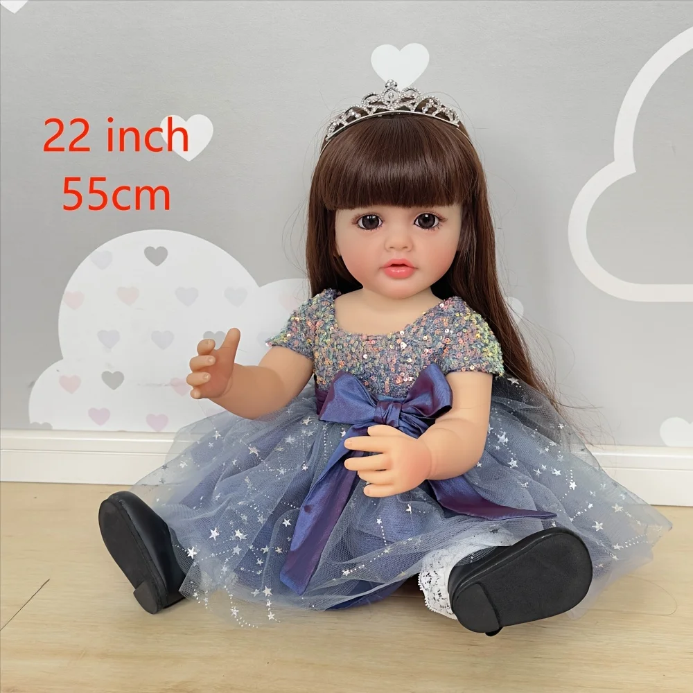 22 Inch 55CM Lifelike Reborn Princess Doll Long Dark Brown Hair Full Vinyl Body Blue Sequin Star Tulle Dress Rhinestone Tiara Can Bathe Kids Role Play Toy Birthday Christmas Gift