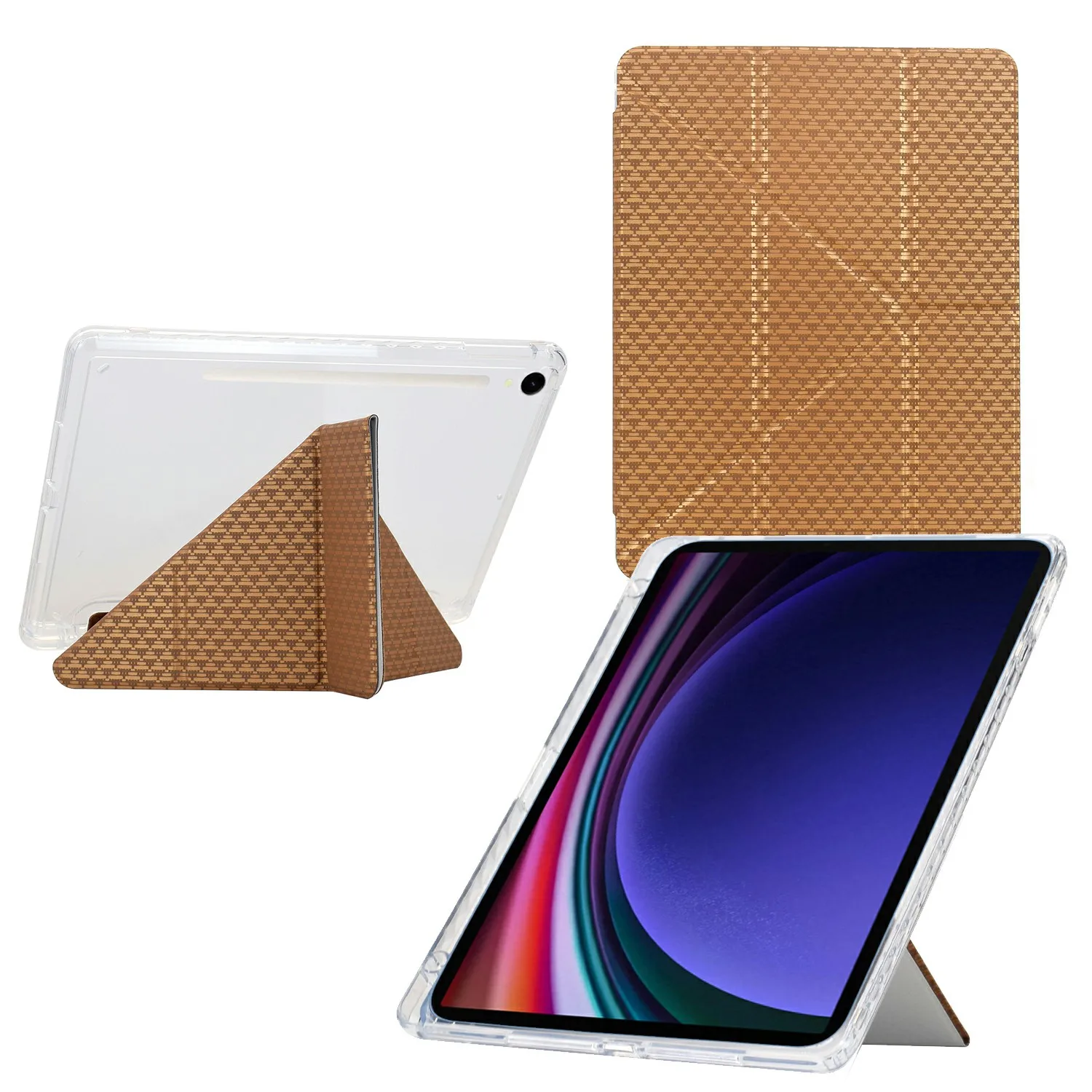 

Tablet Case For Samsung Galaxy Tab S10 FE / Tab S9 FE / Tab S9 , Y-Fold Stand Pyramid-Patterned Leather + Clear Acrylic Cover wi