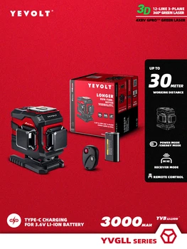 YEVOLT YVGLL4XS12T 12 Hatlı Yeşil Zemin Lazer Seviyesi 3D Kendiliğinden Tesviye 3Ah Li-ion power360 Yatay Dikey Ölçme Aletleri