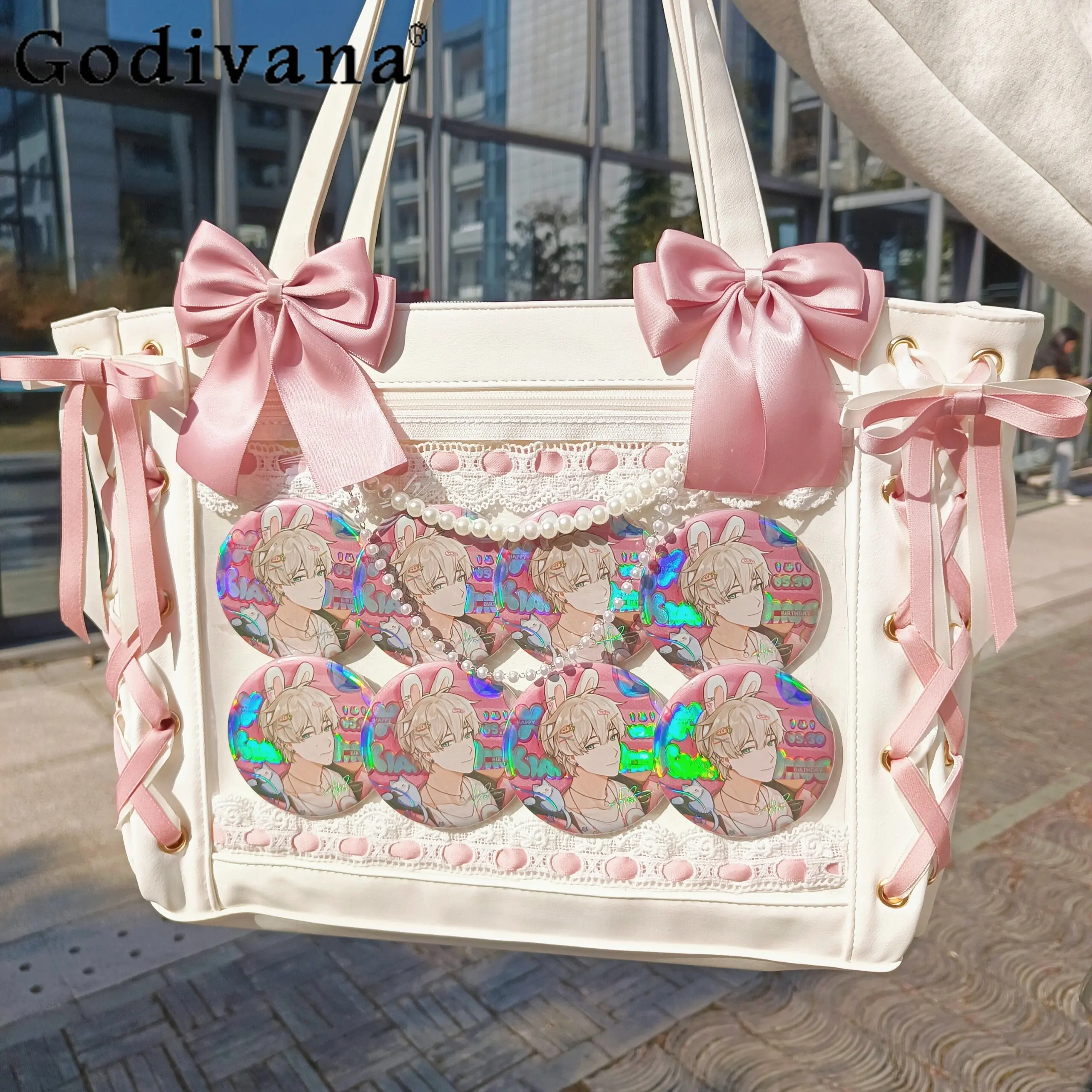 

Lolita Women Transparent Pain Bag Ribbon Bowknot Large Capacity Daily Commute Japanese Original Two-Dimensional Shoulder Bag