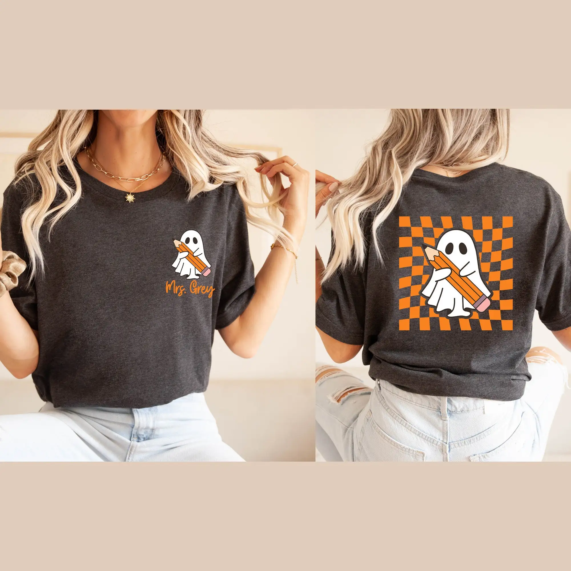 Teacher Halloween T Shirt Ghost And Pencil School Holding Student Cute Women