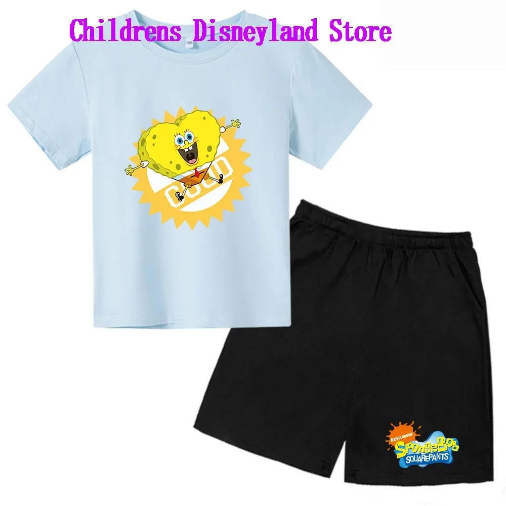 Spongebob Squarepants Spring And Autumn Children's Wear Boys And Girls T-shirt Set 2-piece Anime t shirt Sportswear Shorts boys