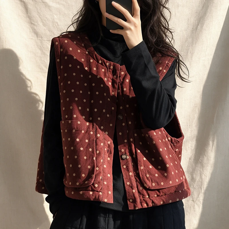 Women's Autumn Winter Cotton Lined Thin Sleeveless Pure Color Corduroy Jacket Casual Style Polyester Fiber Ladies Vest