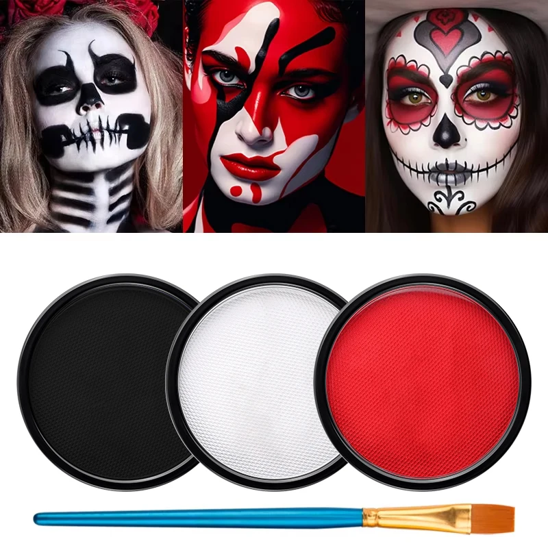 Juego de 3 pinturas faciales a base de agua en colores negro, blanco y rojo con pincel gratis, pigmento para cuerpo y rostro para Halloween, fiestas de disfraces, escenarios y cosplay.