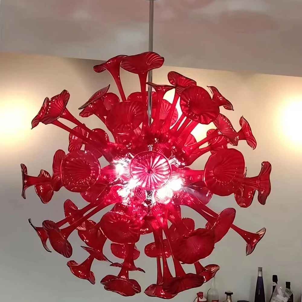 

Longree Glass Chandelier 36" Horn Flower Red Hand Blown Glass Hanging Sputnik Light Fixture for Bathroom Bedroom Dining Room