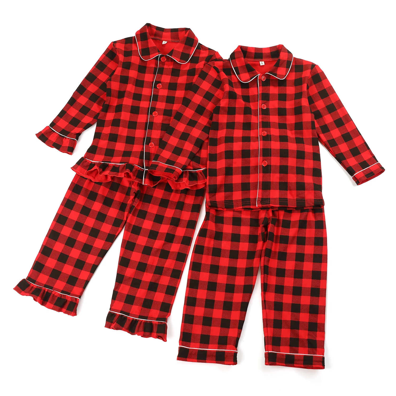 Mudbala Christmas Red Cotton Buffalo Plaid Pajamas Two Piece Pants set Sibling Ruffle Fashion Sleepwear