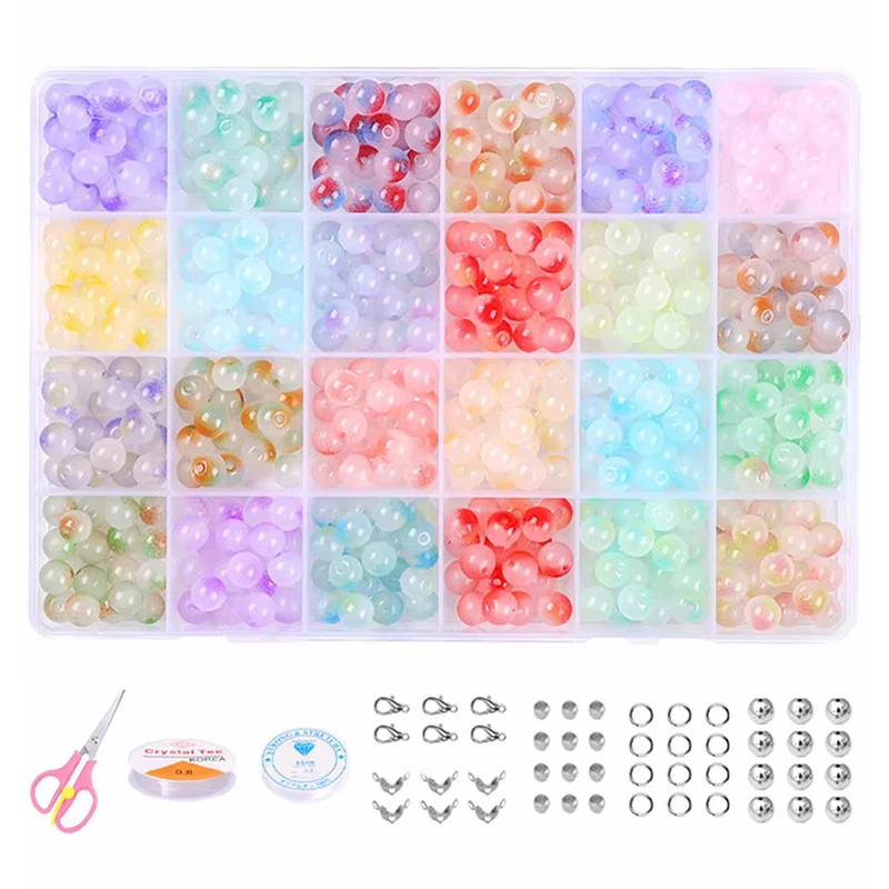 

480Pcs Crystal Beads Jewelry Making Kit 24 Colors 8mm Round Glass Cataclastic Lineation Beads Kit for Jewelry Making DIY Craft