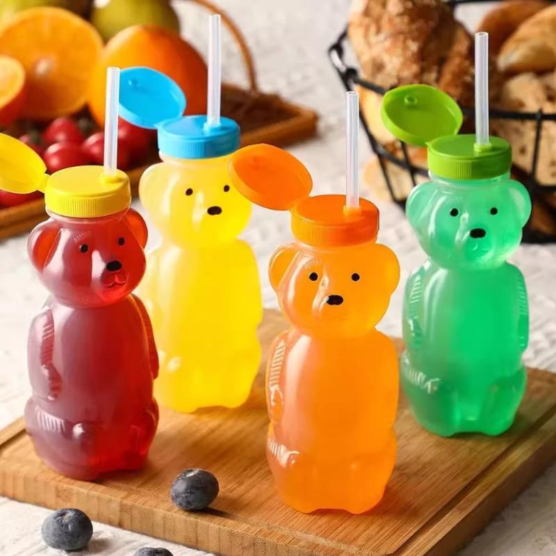  Cute Cartoon Honey Bear Squeeze Straw Cup, Leak-Proof Soft Flexible Straw Drinking Cup For Baby Kids 