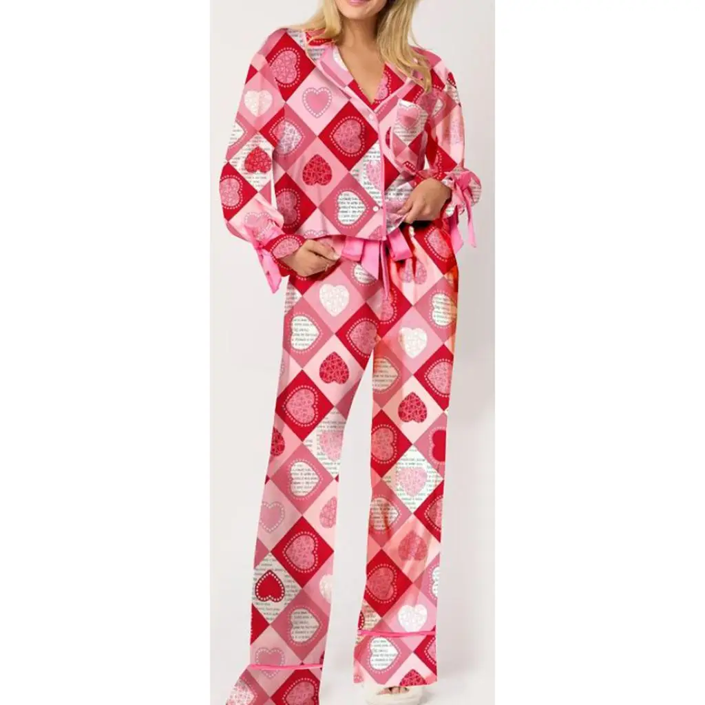 HEZIOWYUN Women Valentine's Day 2Piece Satin Pajamas Set Heart/Bow Print Tie up Cuffs Button Long Sleeve Shirt +Drawstring Pants