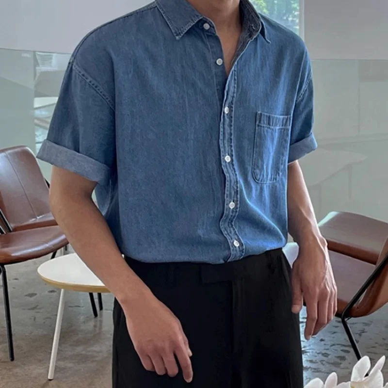 Men's Cotton Denim Shirt, Single Color Single Pocket Casual short-sleeved Shirt High Quality Lite Slim Fit Cowboys