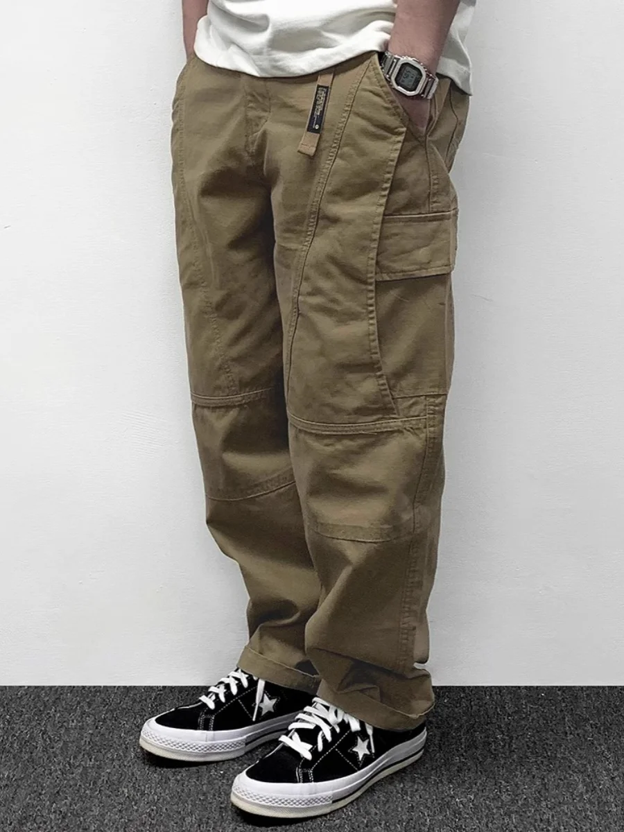 

American Retro Men's Work Pants Multiple kets Loose Straight Leg Casual Long Trousers Spring Autumn Trendy Pure Color Simp...