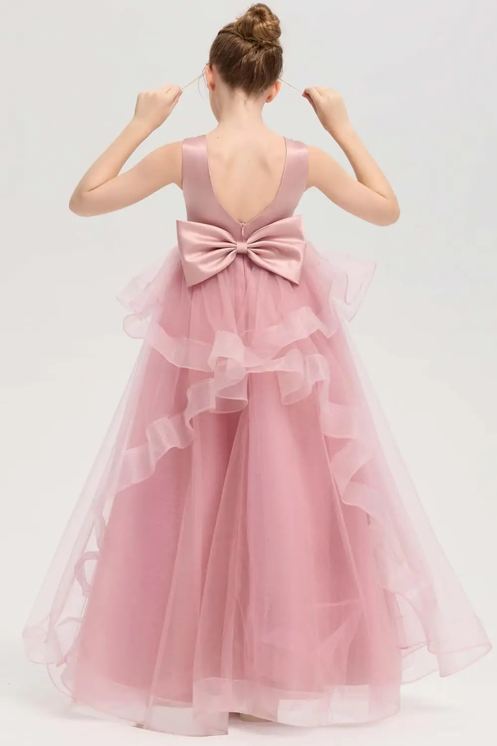 V 백 플라워 걸 드레스 튤 파티 드레스 소녀용 진주 프린세스 퍼프 생일 파티 프로무 드레스 소녀용 드레스