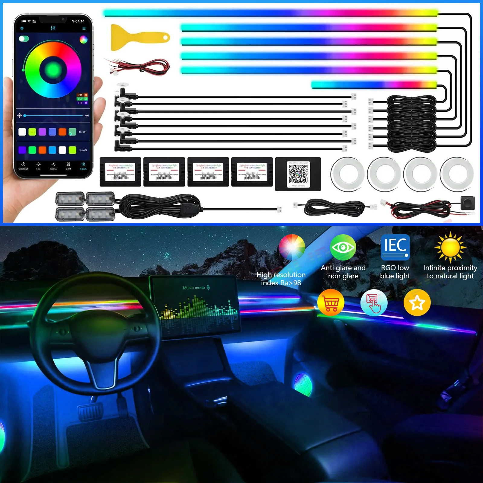 

Universal Symphony Rainbow LED Car RGB Neon Full Color Streamer Acrylic Strip Interior Atmosphere Light APP Multiple mode change