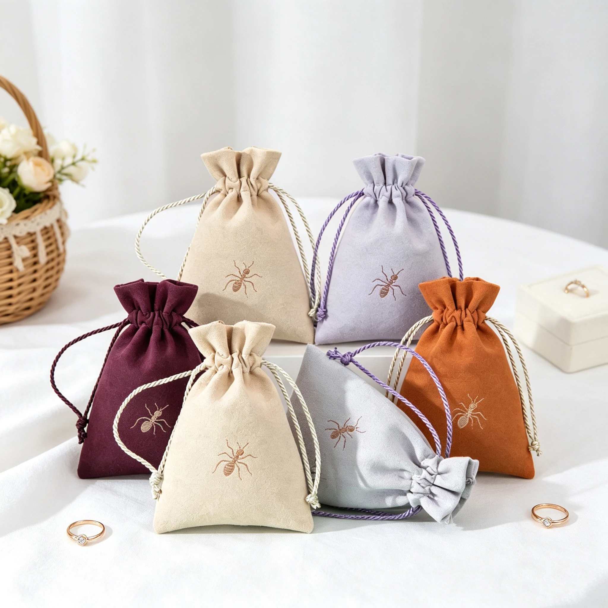 

100Pcs/Lot Customized Logo Microfiber Storage Drawstring Bag Makeup Pocket Jewelry New Year Wedding Christmas Gift Suede Package
