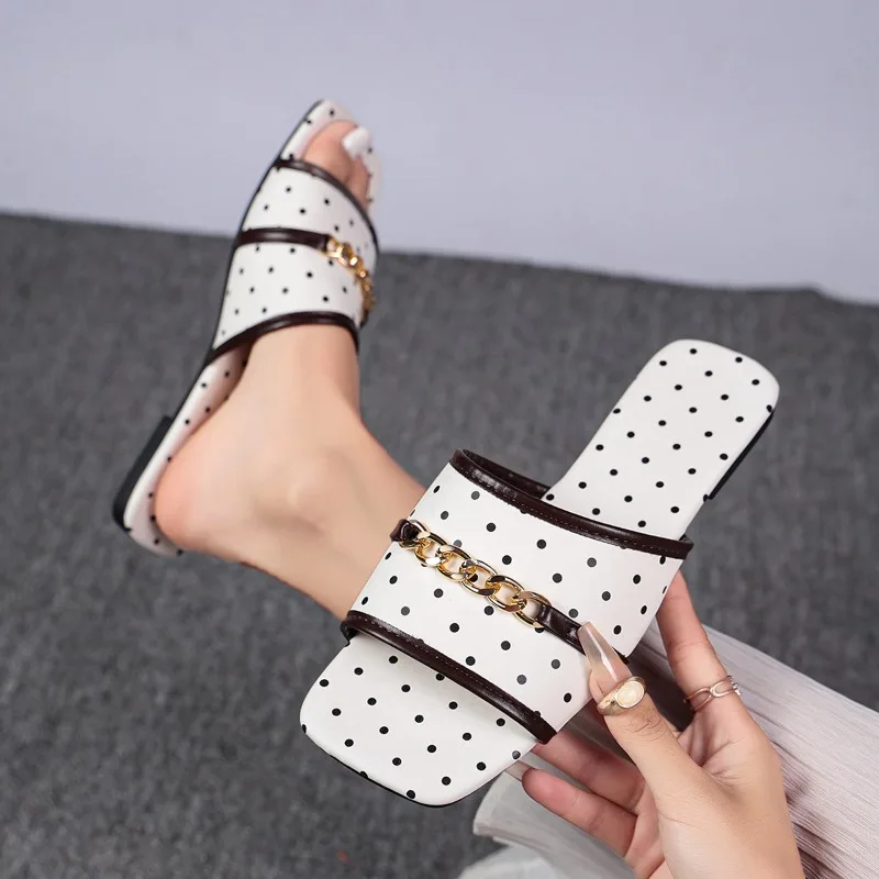 2026 Summer New Trendy Polka Dot Women's Slippers Fashion Simple Metal Decor Square Toe Comfortable Women Shoes  