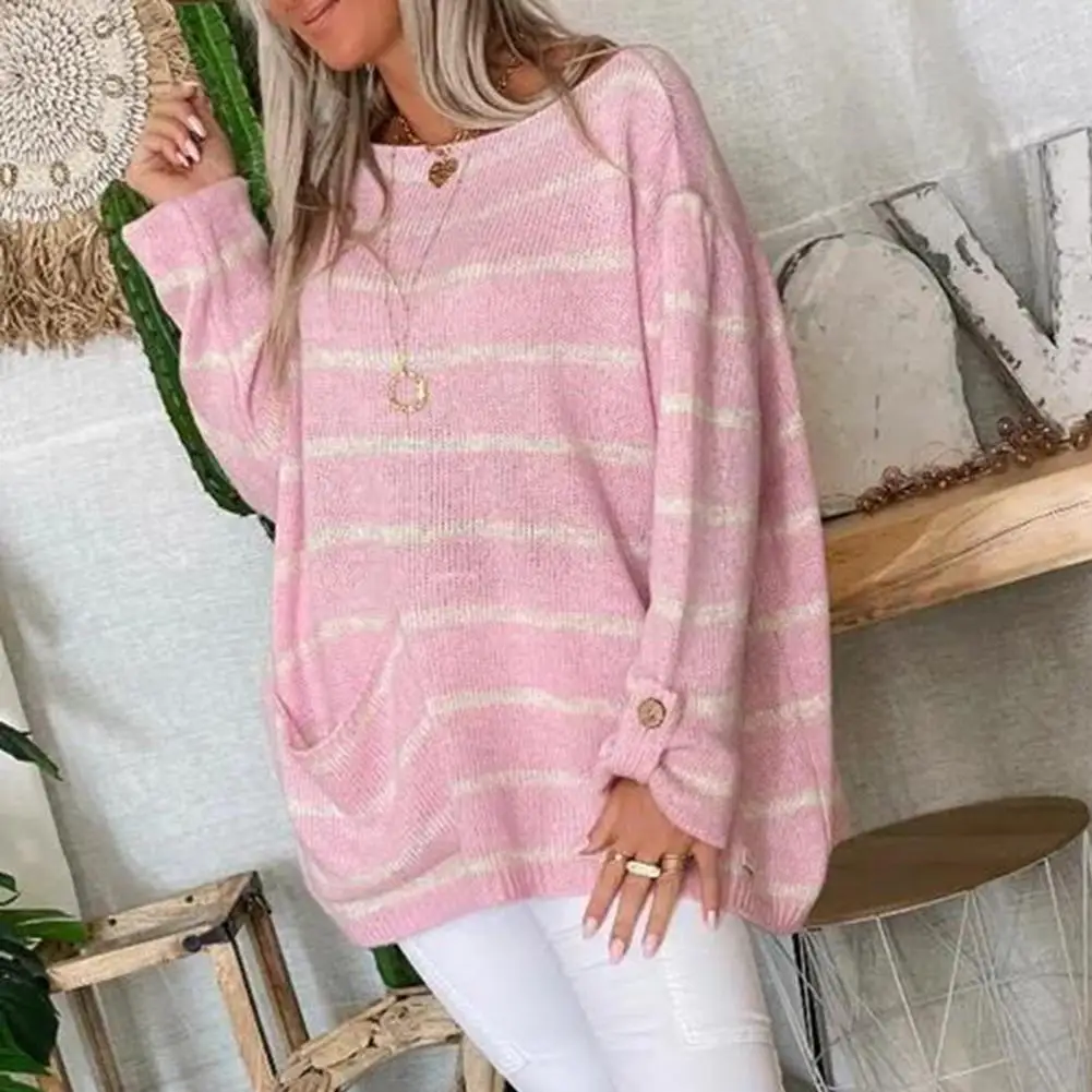 

1Pc Soft Women Autumn Oversized Sweater O-Neck Long Sleeve Loose Pullover Striped Splicing Color Pocket Elegant Knitting Jumper