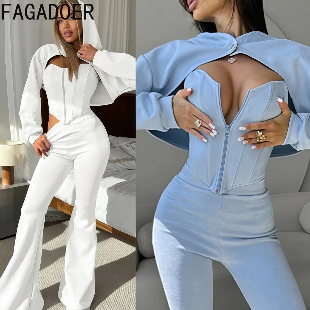 

FAGADOER Autumn New Sexy Woman 3 Piece Set Outfit Long Sleeve Hooded Crop Top + Fishbone Vest + Flare Pants Female Streetwear