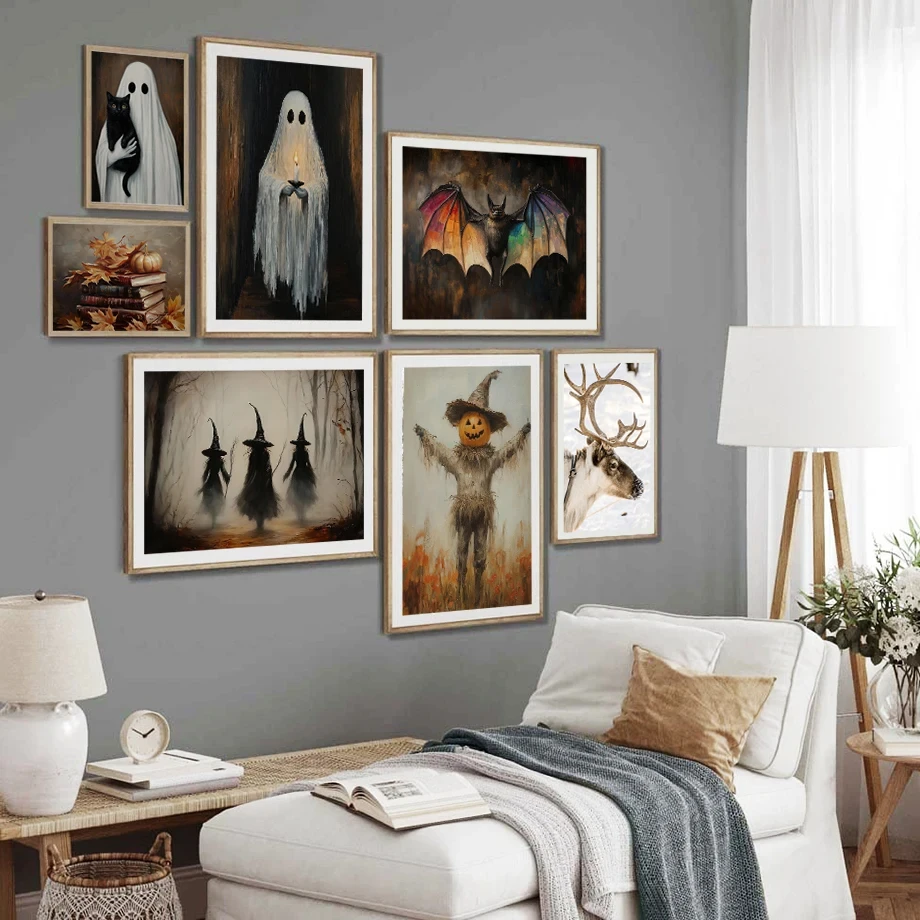 All Saints' Day Pumpkin The Ghost The Ghost Bride Scarecrow Bat Fashion Wall Art Canvas Painting Nordic Poster Room Decor