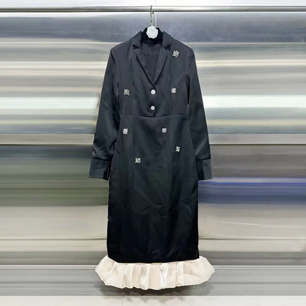 

Women’s Black Blazer Collar Rhinestone Embellished Long Sleeve Dress with Contrast Ruffle Hem Glam Niche Party Gown