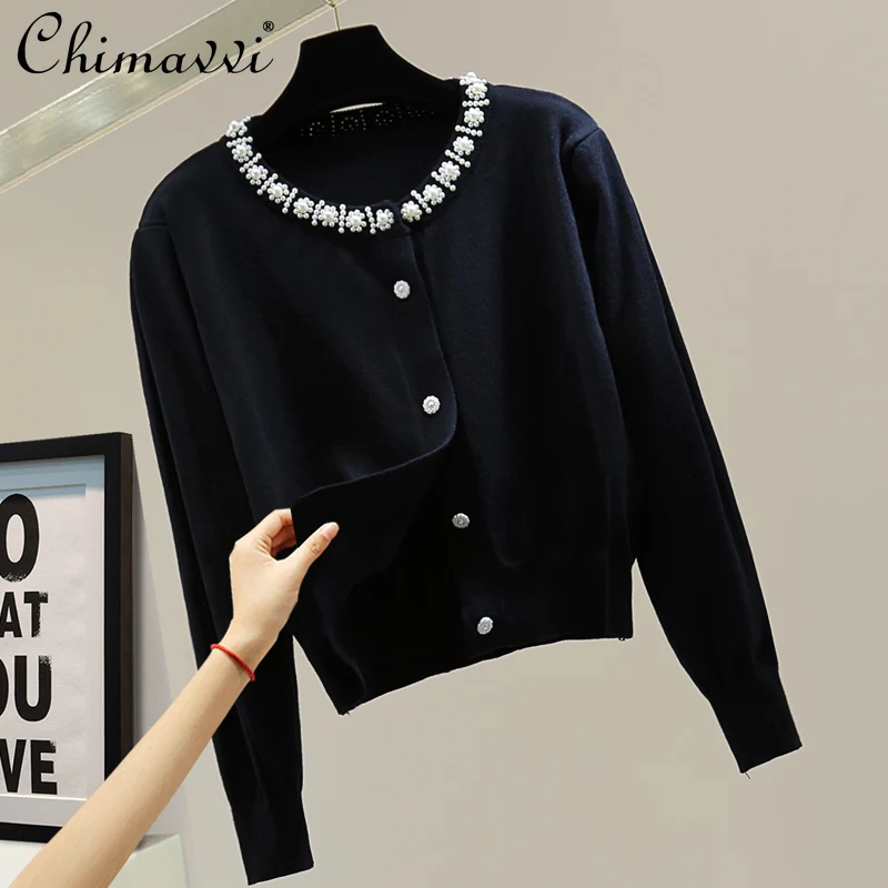 Korean Fashion Commuter Beaded Round Neck Long Sleeve Single-breasted Loose Casual Sweater Knitted Cardigan Women Autumn 2024