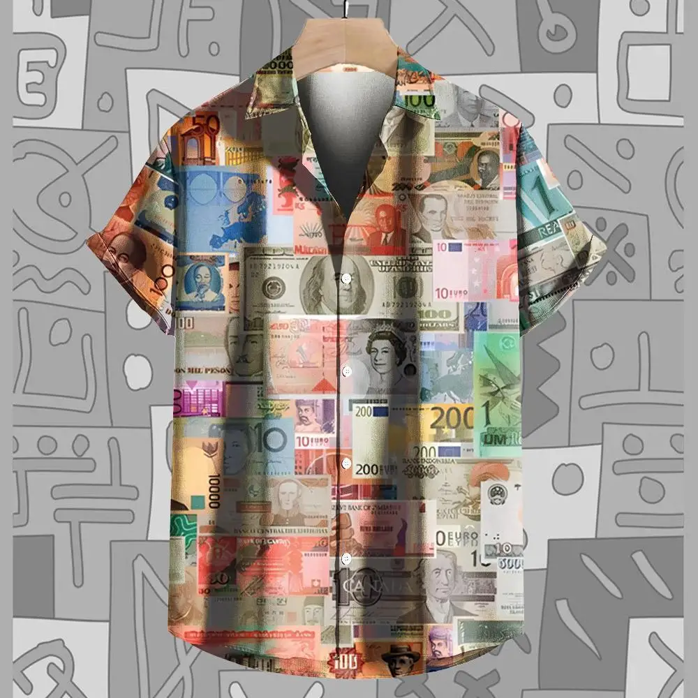 Camisa casual de manga curta masculina, Impressão 3D, Dólares novos americanos, Camiseta de lapela, moda vintage, verão