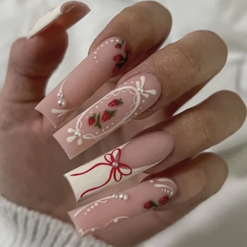 24pcs Flower Press on Nails Art Lines French Tips Long Square Fake Nails with Rhinestone Design False Nail Sets Coffin Manicure