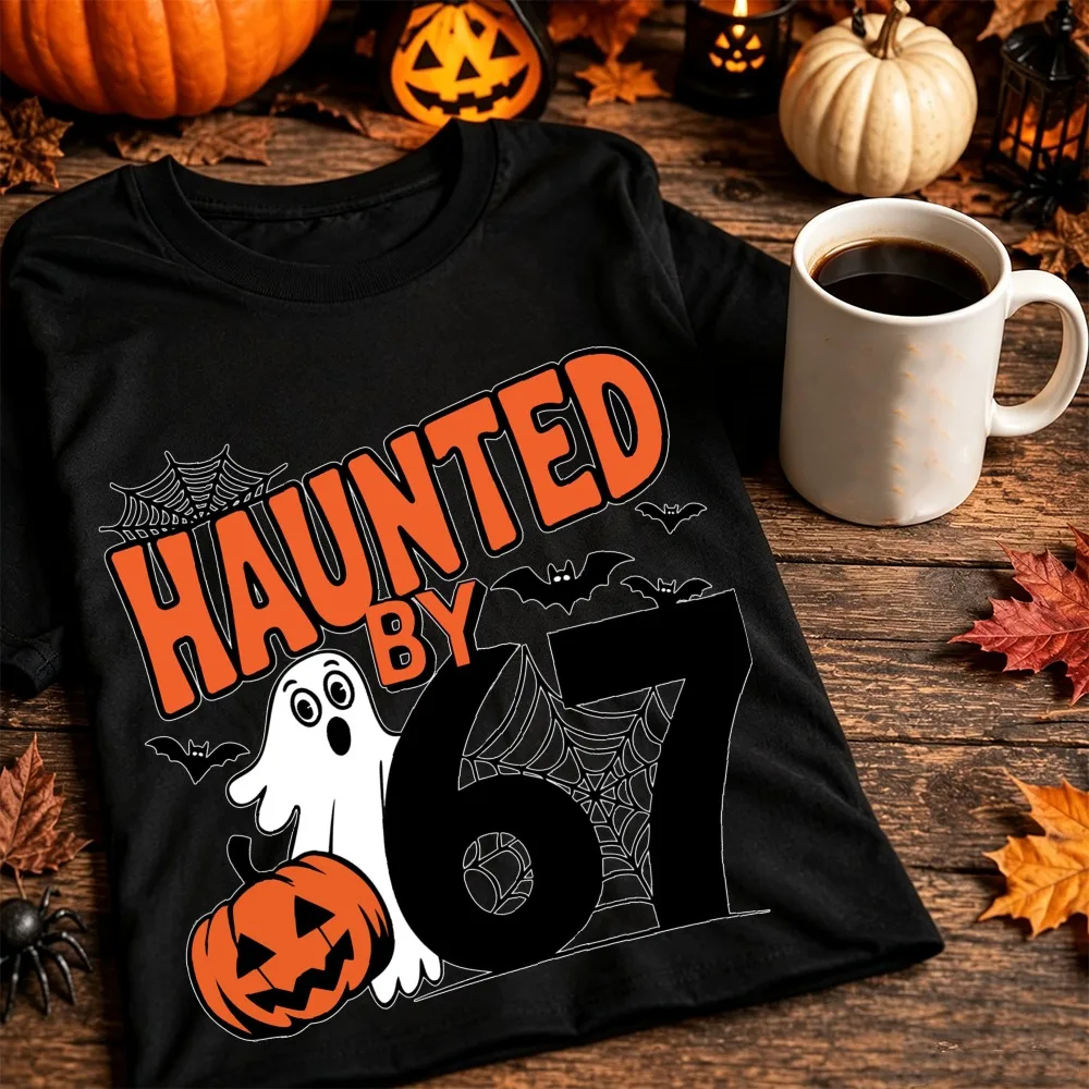 Haunted By 67 Happy Halloween T Shirt Women Ghost Pumpkin Spider Graphic Tees Cotton Oversized Short Sleeve Fall Vintage Tops