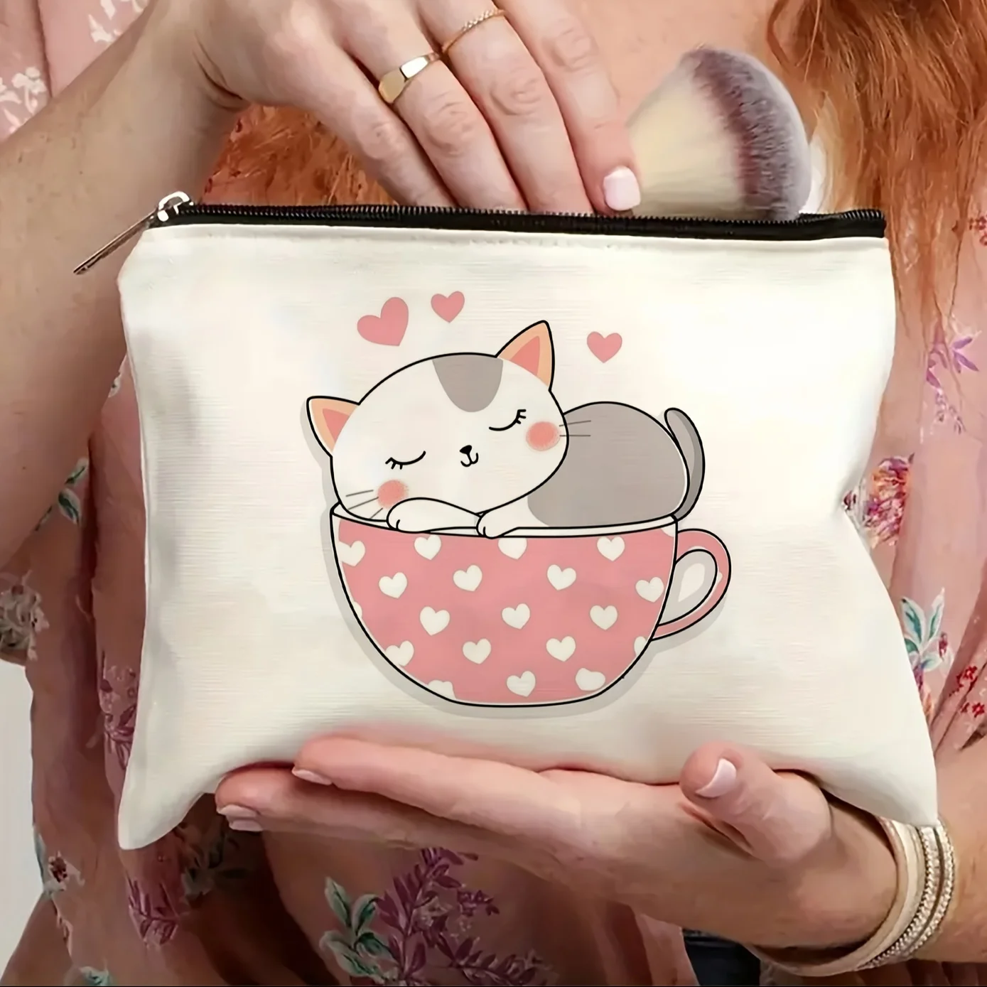 Eine süße Make-up-Tasche mit Katzen-Kaffeetasse-Aufdruck – multifunktionale Reißverschlusstasche, Schmuck-Aufbewahrungstasche, perfekte Reise-Reißverschluss-Kleiner Aufbewahrung