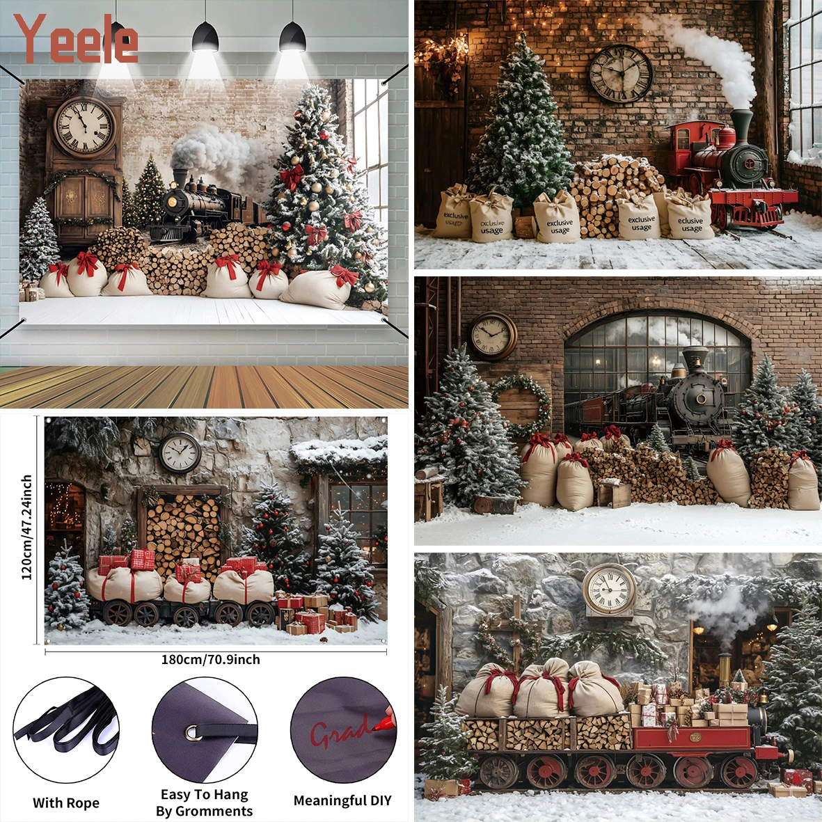

Vintage Train Clock Winter Christmas Photography Background Rustic Kitchen Brick Wall Xmas Trees Kids Family Photo Backdrop Prop