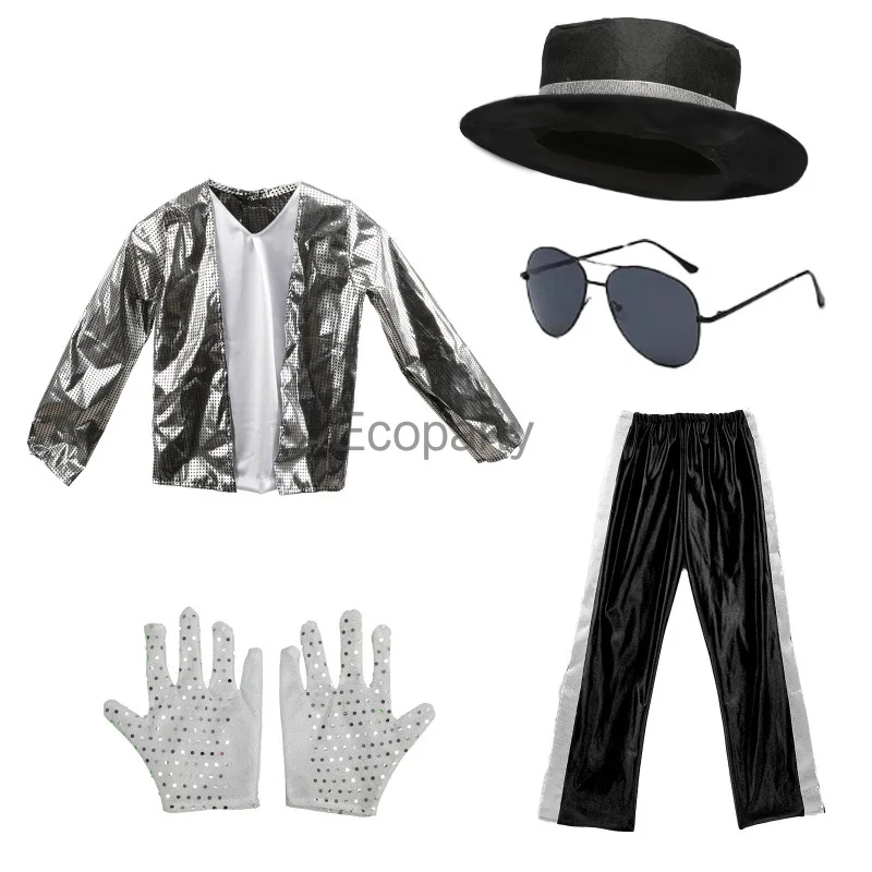 5pcs Set Kids Michael Costume Boys Superstar Cosplay Singer Stage Performance Clothing 80s 90s Hip Hop Shiny Outfit For Children