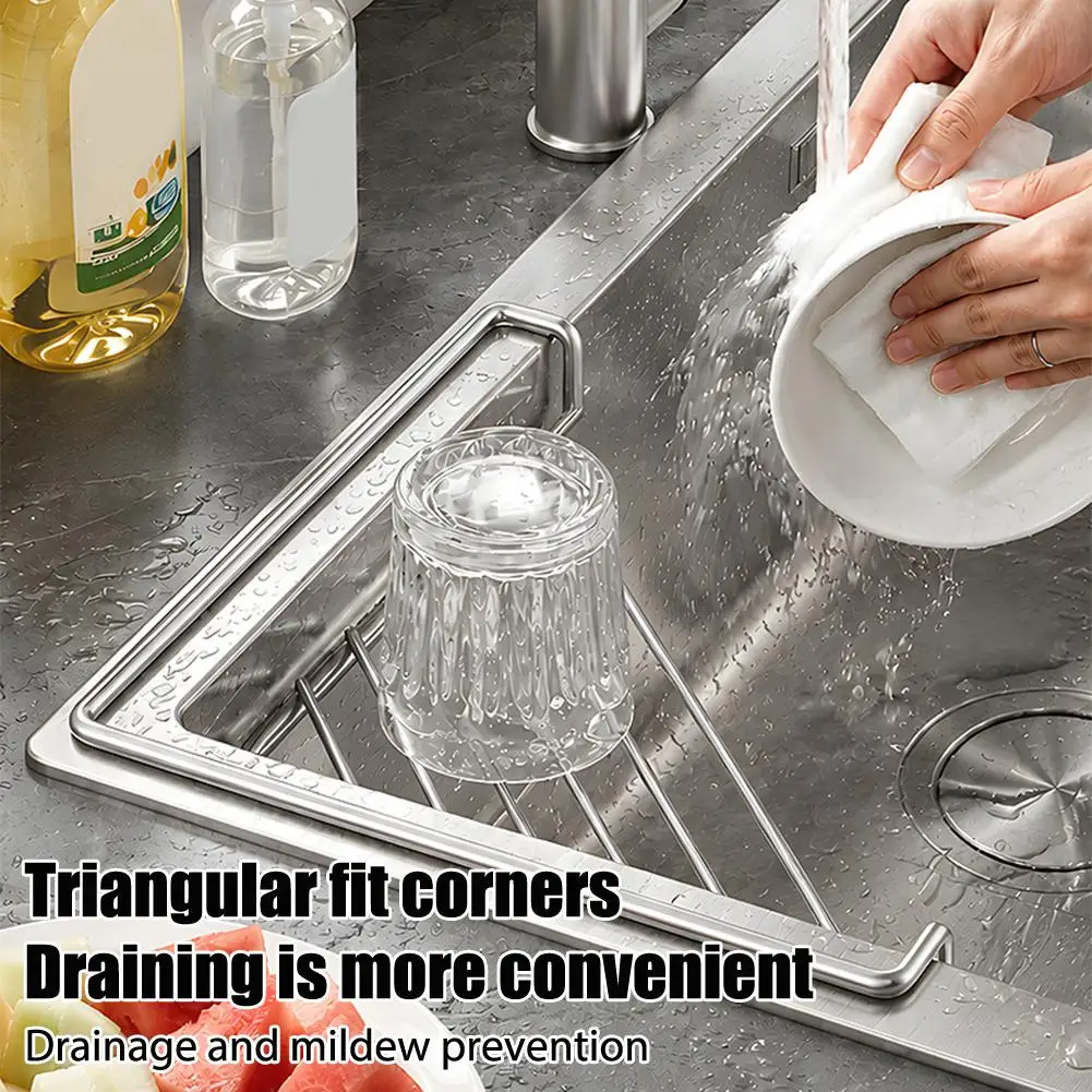 Triangle Sink Drain Rack 304 Stainless Steel Kitchen Corner Sponge Holder Dish Drying Basket Rustproof Organizer Storage Shelf
