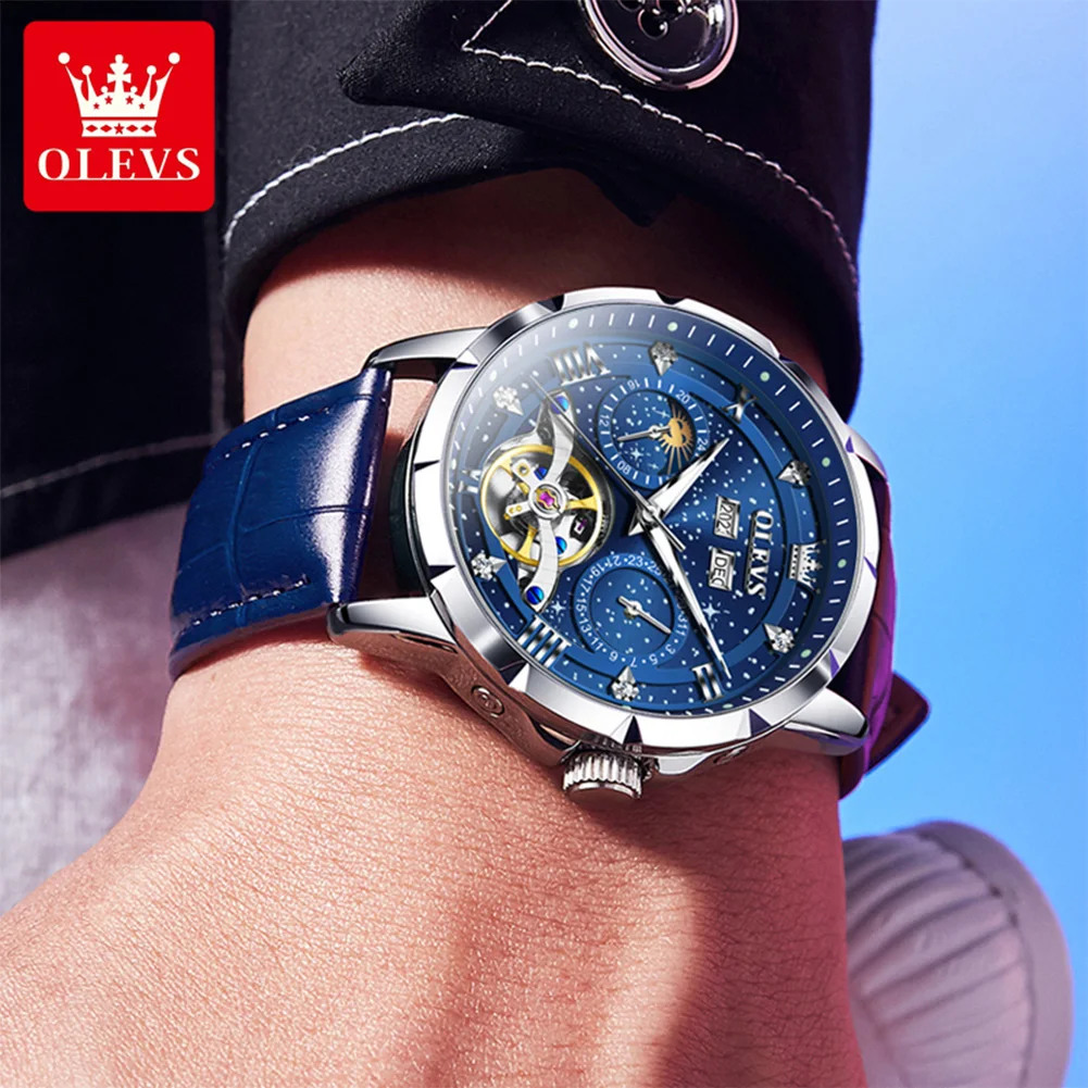 ساعة ماركة OLEVS Starry Sky ساعة ميكانيكية أوتوماتيكية بالكامل ساعة رجالية مجوفة للأعمال 6690